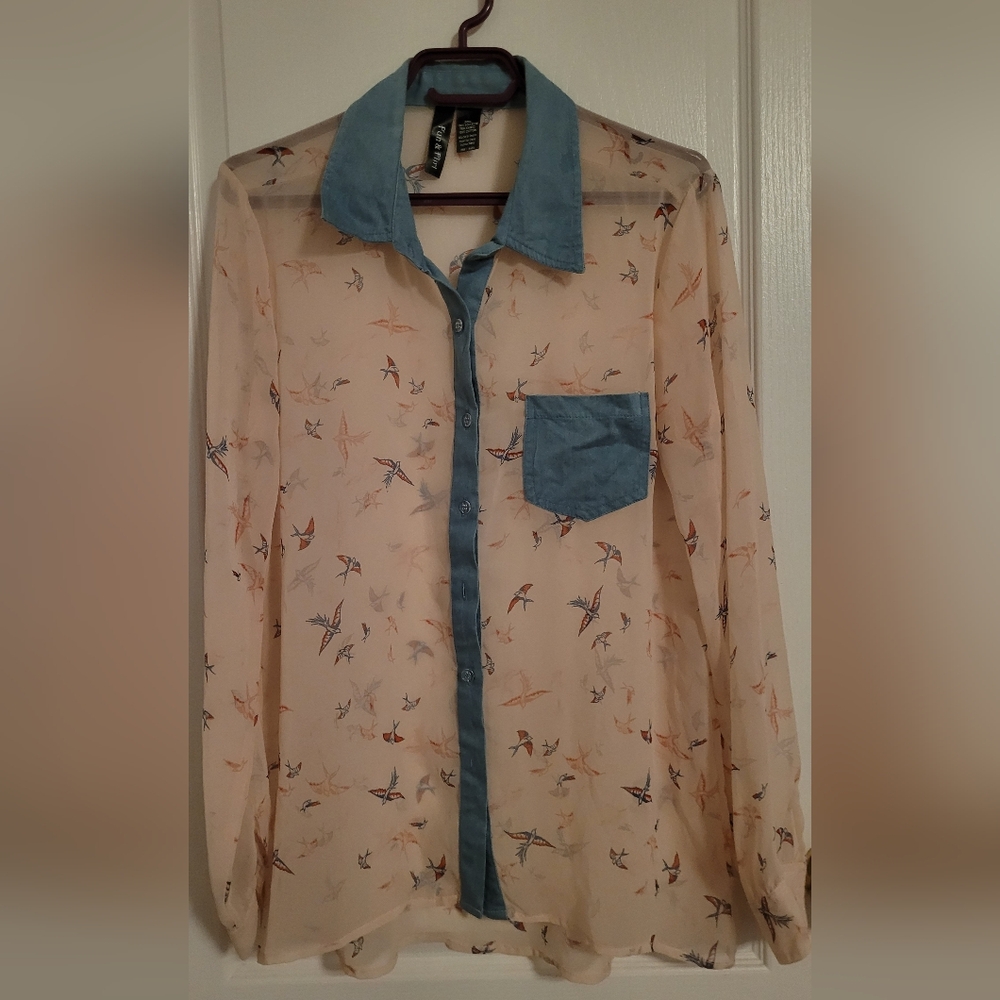 Fun & Flirt Sheer Bird Print Shirt with Denim Blue Details